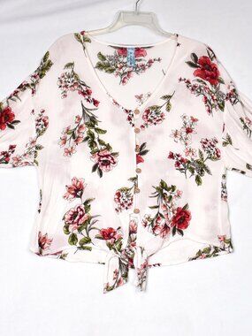 M Fasis Women's Top S Ivory Floral Button Tie Front Short Sleeve Boho Peasant